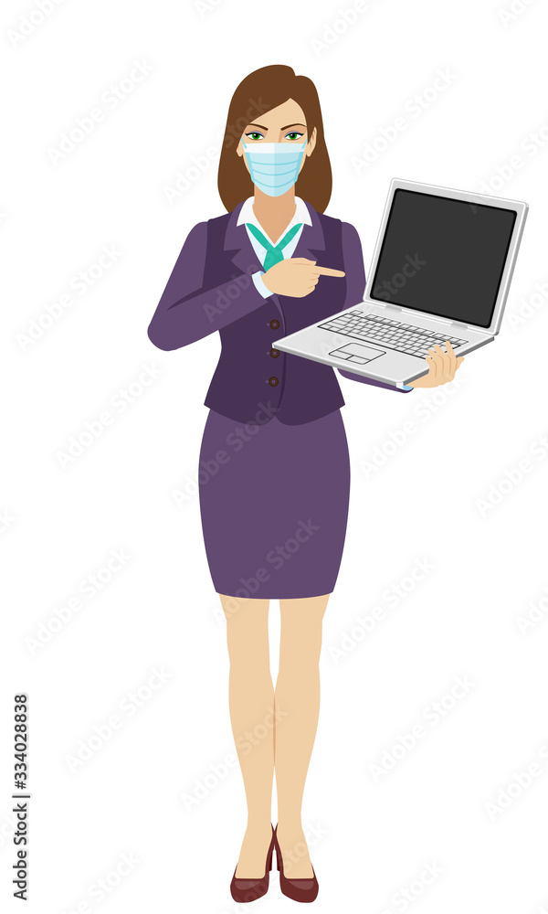 Businesswoman with medical mask pointing at a laptop notebook. Full length portrait of businesswoman in a flat style.