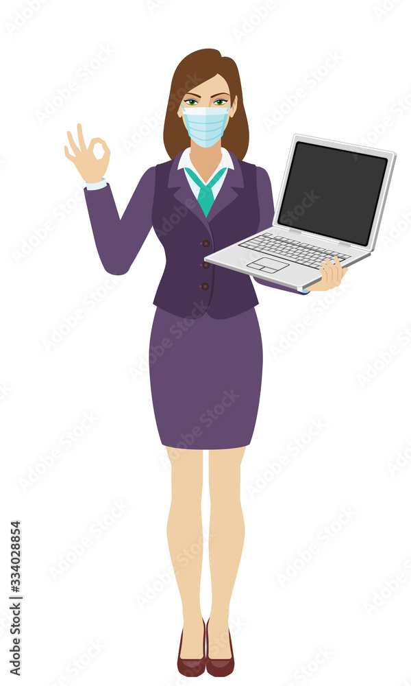 Businesswoman with medical mask holding a laptop notebook and show a okay hand sign. Full length portrait of businesswoman in a flat style. Businesswoman with medical mask holding a laptop notebook and show a okay hand sign. Full length portrait of businesswoman in a flat style.
