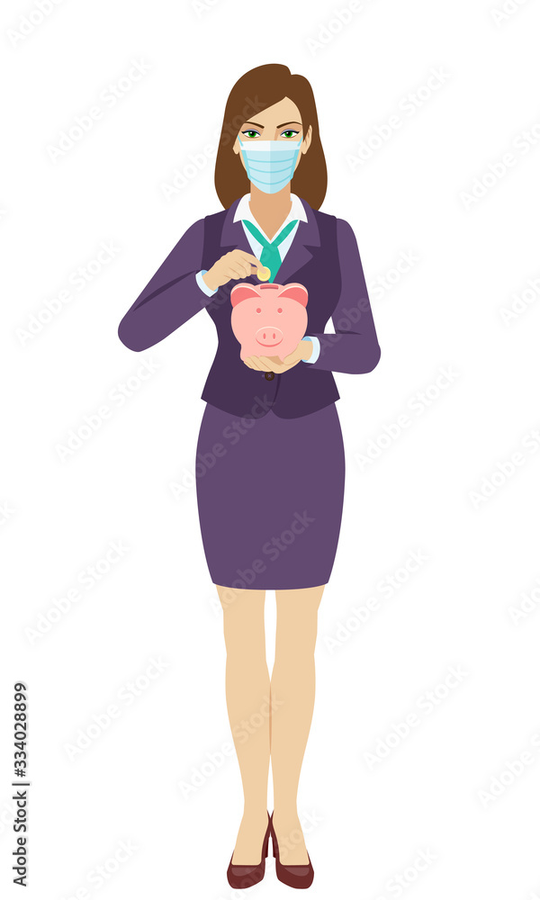 Businesswoman with medical mask puts coin in a piggy bank. Full length portrait of businesswoman in a flat style. Businesswoman with medical mask puts coin in a piggy bank. Full length portrait of businesswoman in a flat style.