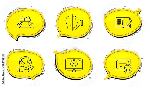 Face id sign. Diploma certificate, save planet chat bubbles. Seo timer, Feedback and Give present line icons set. Analytics, Book with pencil, Receive a gift. Phone scanning. Business set. Vector