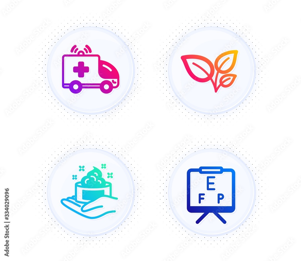 Leaves, Ambulance car and Skin care icons simple set. Button with halftone dots. Vision board sign. Grow plant, Emergency transport, Hand cream. Eye check. Healthcare set. Vector