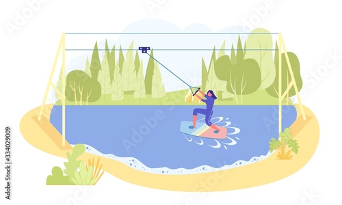 Cable Wakeboarding in Natural Pond, Extreme Sport.