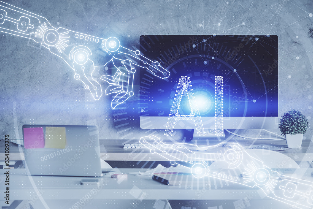 Multi exposure of data theme drawing and office interior background. Concept of technology. Multi exposure of data theme drawing and office interior background. Concept of technology.