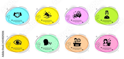 Skin care, Idea and Cleaning signs. Timeline infographic. Doctor, Handshake and Breathing exercise line icons set. Presentation time, Farsightedness symbols. Medicine person, Deal hand. Vector