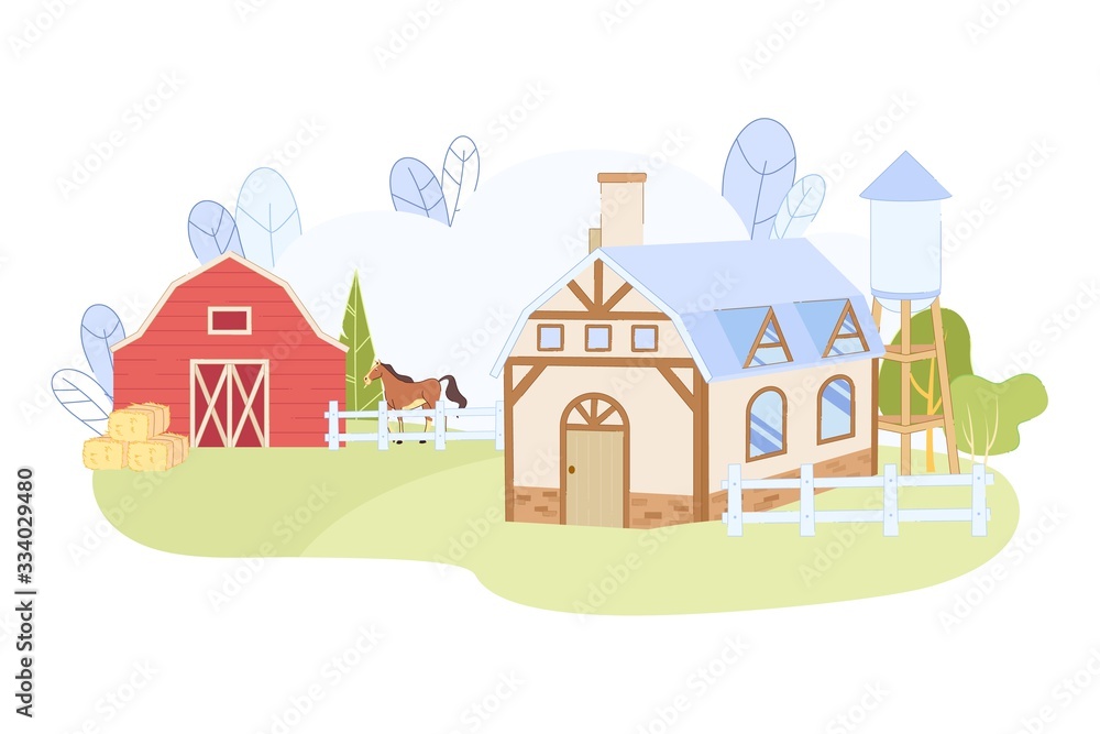 Cartoon Wooden Farmhouse with Red Barn Building