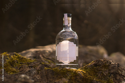 A bottle of alcohol stands in the forest, on a tree, near moss, in the setting sun, gin, vodka photo