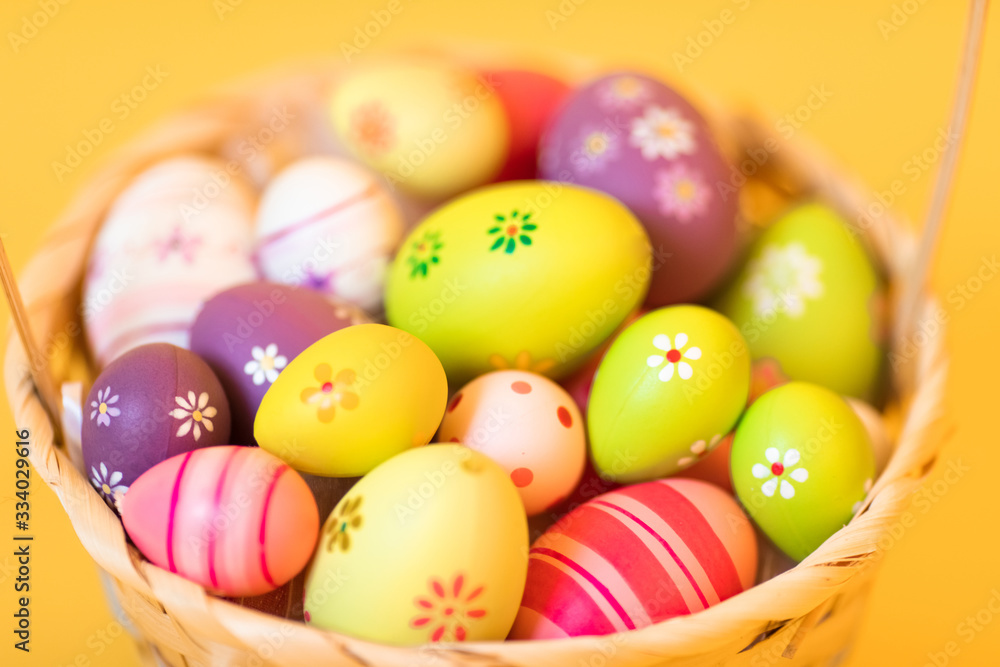 Colorful Easter eggs in a basket on an isolated yellow background