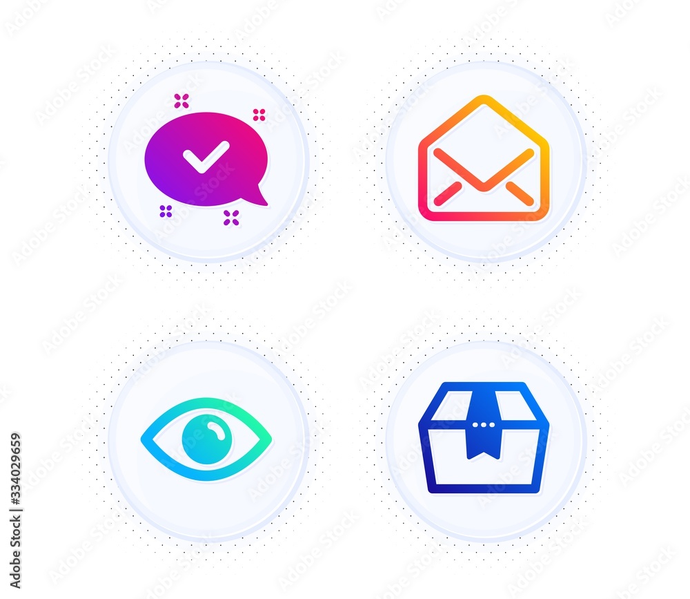 Approved, Eye and Mail icons simple set. Button with halftone dots. Package box sign. Chat message, View or vision, E-mail. Delivery goods. Technology set. Gradient flat approved icon. Vector Approved, Eye and Mail icons simple set. Button with halftone dots. Package box sign. Chat message, View or vision, E-mail. Delivery goods. Technology set. Gradient flat approved icon. Vector