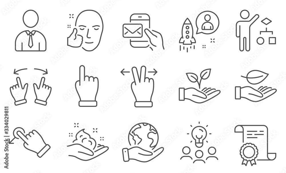 Set of People icons, such as Touchscreen gesture, Messenger mail. Diploma, ideas, save planet. Helping hand, Drag drop, Skin care. Healthy face, Leaf, Human. Click hand, Startup, Move gesture. Vector Set of People icons, such as Touchscreen gesture, Messenger mail. Diploma, ideas, save planet. Helping hand, Drag drop, Skin care. Healthy face, Leaf, Human. Click hand, Startup, Move gesture. Vector