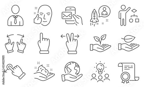 Set of People icons, such as Touchscreen gesture, Messenger mail. Diploma, ideas, save planet. Helping hand, Drag drop, Skin care. Healthy face, Leaf, Human. Click hand, Startup, Move gesture. Vector