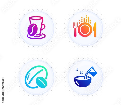 Food, Coffee cup and Soy nut icons simple set. Button with halftone dots. Cooking water sign. Cutlery, Latte drink, Vegetarian food. Glass. Food and drink set. Gradient flat food icon. Vector