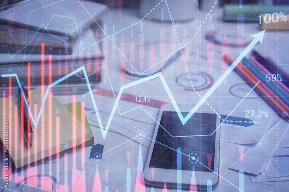 Double exposure of forex graph drawing and cell phone background. Concept of financial data analysis Double exposure of forex graph drawing and cell phone background. Concept of financial data analysis
