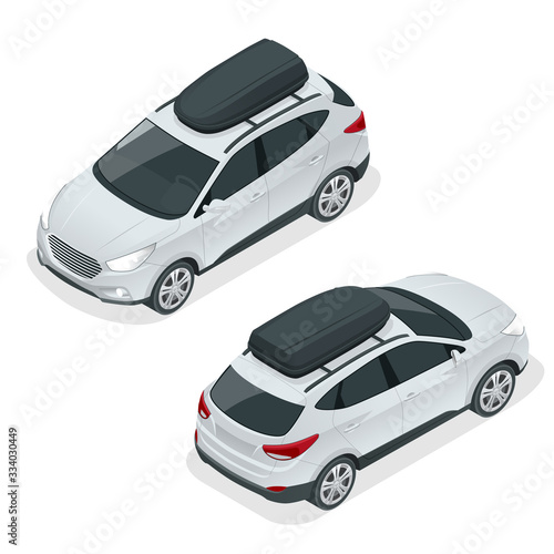 Isometric Suv car with rooftop cargo carrier. Compact crossover, SUV, 5-door station wagon car. Template isolated.