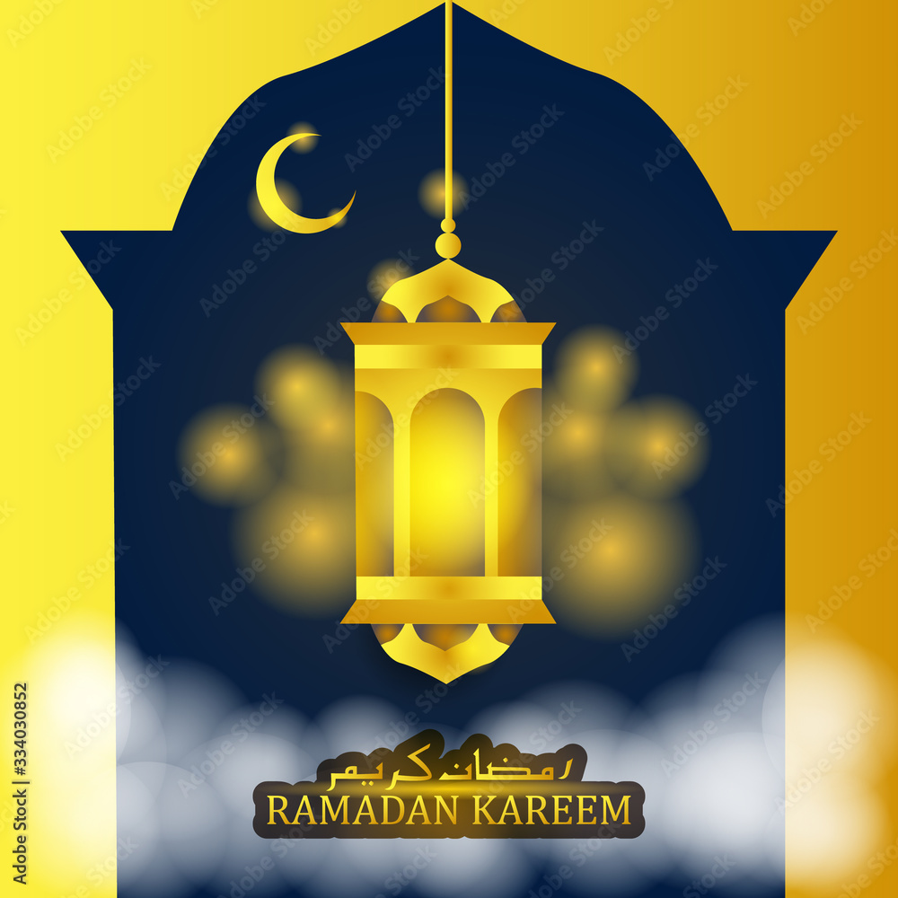 Fototapeta premium Gold fanous lantern for ramadan kareem background with arabian calligraphy text and crescent moon