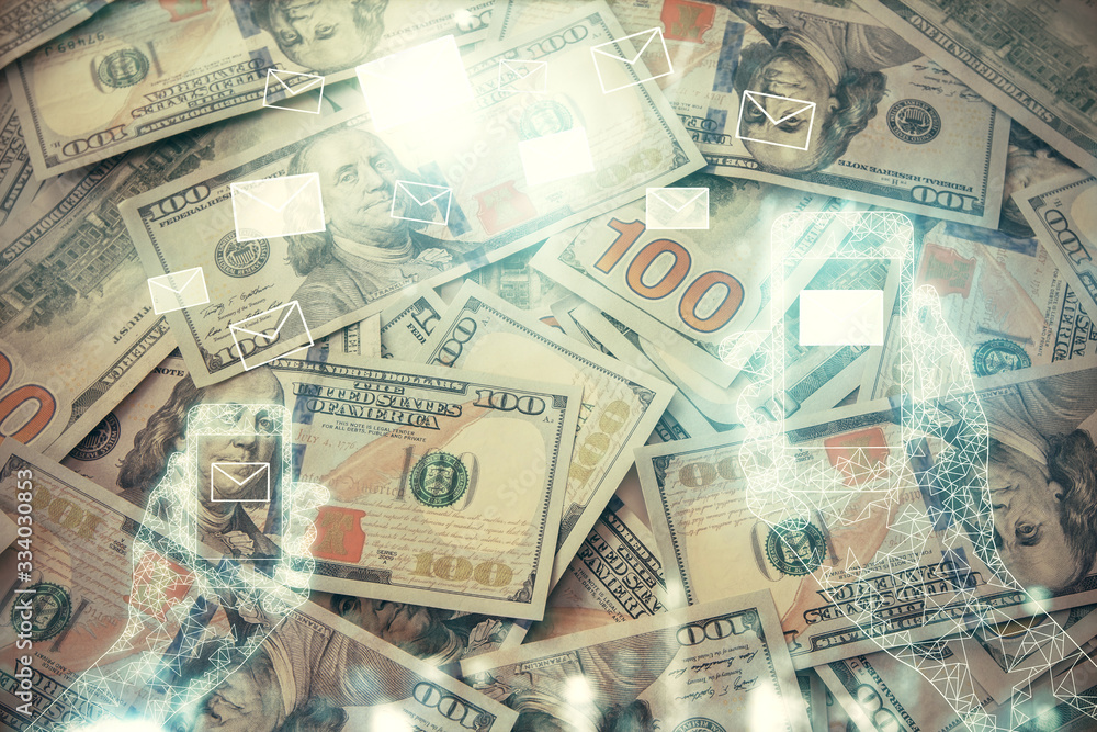 Double exposure of E-mail envelop drawing over usa dollars bill background. Concept of connection. Double exposure of E-mail envelop drawing over usa dollars bill background. Concept of connection.