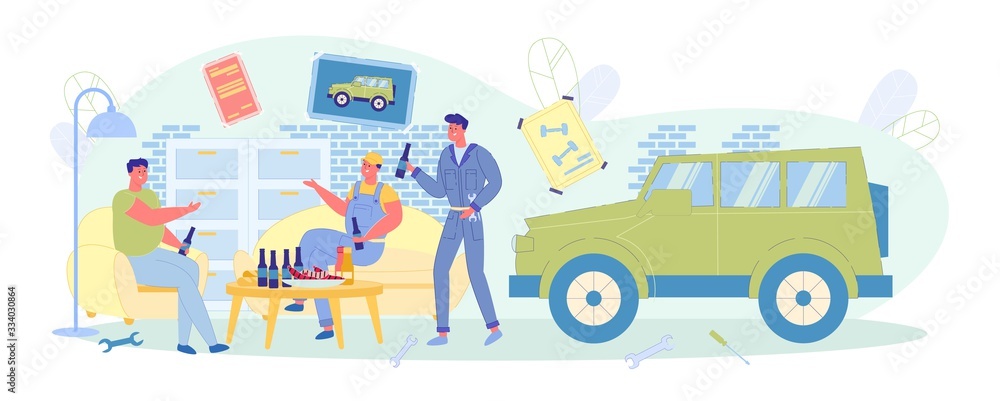 Naklejka premium Friends Spending Leisure Time in Garage Drinking.