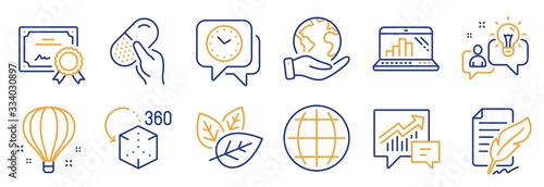 Set of Science icons, such as Air balloon, Clock. Certificate, save planet. Idea, Feather signature, Organic tested. Accounting, Graph laptop, Capsule pill. Augmented reality, Globe line icons. Vector
