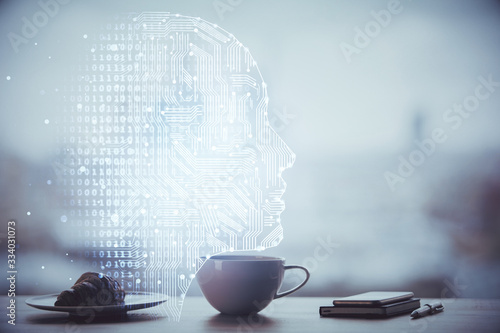 Double exposure of Ai data brain drawing over coffee cup background.