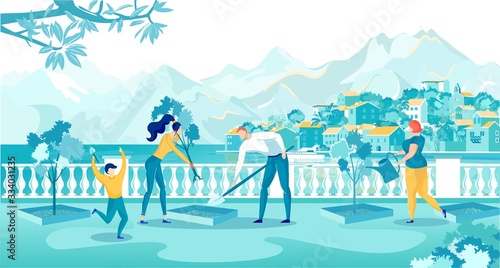 Cartoon People Volunteer Plant Trees in City Park