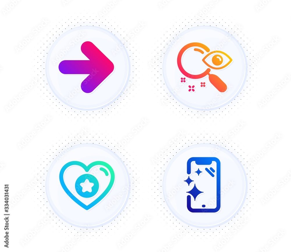Search, Heart and Next icons simple set. Button with halftone dots. Smartphone clean sign. Find document, Star rating, Forward. Phone screen. Technology set. Gradient flat search icon. Vector
