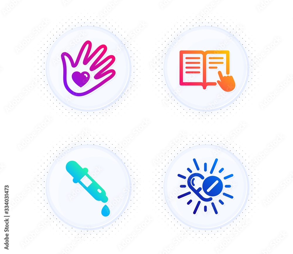 Chemistry pipette, Social responsibility and Read instruction icons simple set. Button with halftone dots. Medical drugs sign. Laboratory, Helping hand, Opened book. Medicine pills. Vector Chemistry pipette, Social responsibility and Read instruction icons simple set. Button with halftone dots. Medical drugs sign. Laboratory, Helping hand, Opened book. Medicine pills. Vector