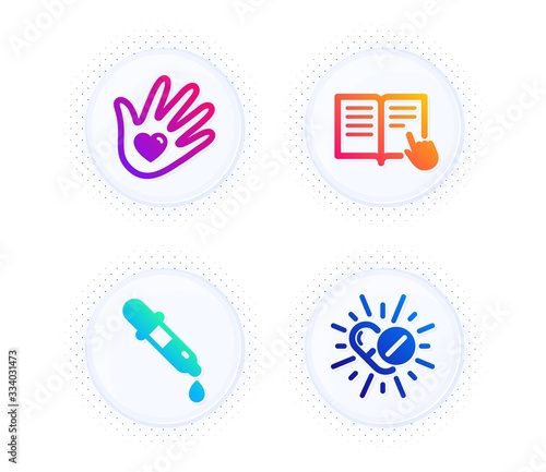 Chemistry pipette, Social responsibility and Read instruction icons simple set. Button with halftone dots. Medical drugs sign. Laboratory, Helping hand, Opened book. Medicine pills. Vector