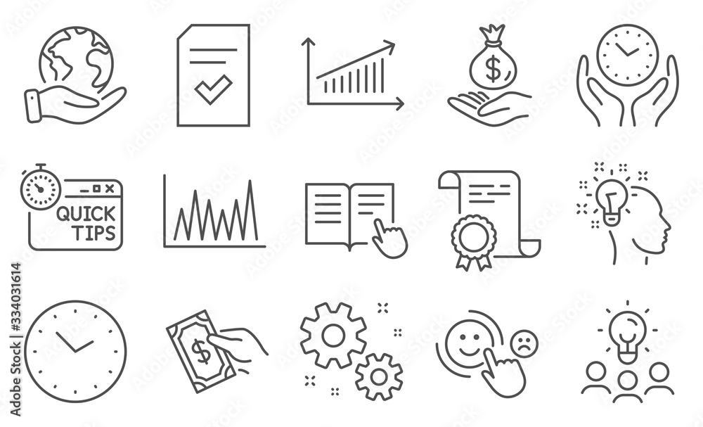 Set of Education icons, such as Checked file, Safe time. Diploma, ideas, save planet. Income money, Pay money, Quick tips. Work, Read instruction, Line graph. Time, Chart, Idea. Vector Set of Education icons, such as Checked file, Safe time. Diploma, ideas, save planet. Income money, Pay money, Quick tips. Work, Read instruction, Line graph. Time, Chart, Idea. Vector