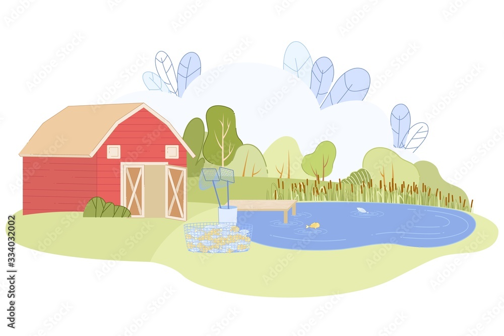 Fishing Farm with Barn House Fish in Water Pond