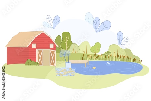 Fishing Farm with Barn House Fish in Water Pond