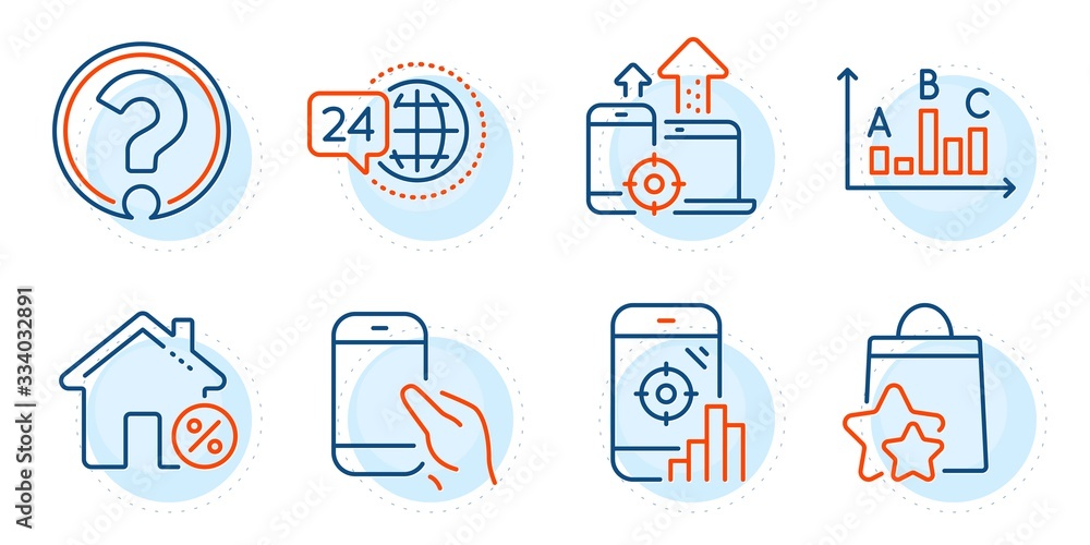 Seo phone, Question mark and 24h service signs. Loan house, Seo devices and Loyalty points line icons set. Hold smartphone, Survey results symbols. Discount percent, Mobile stats. Vector