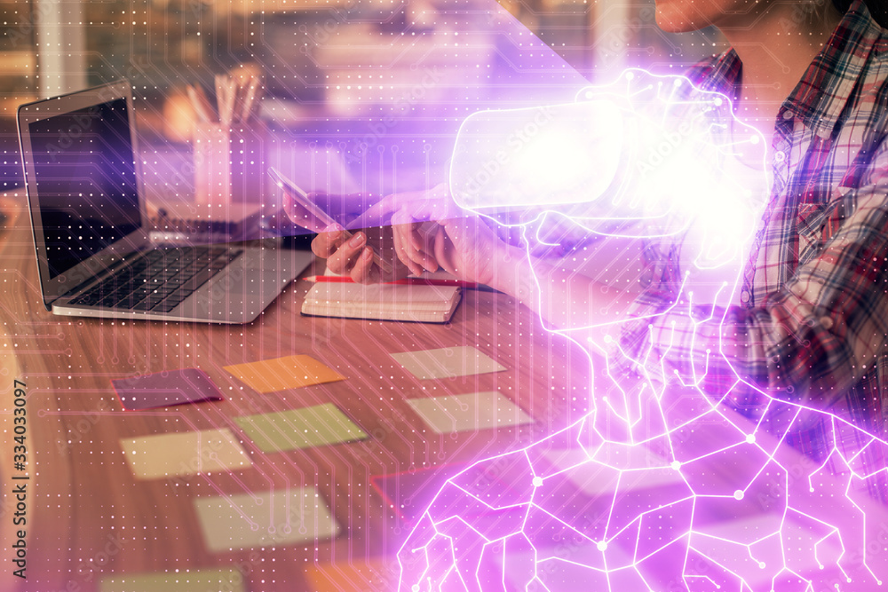 Double exposure of woman hands typing on computer and man in AR glasses drawing. Education concept. Double exposure of woman hands typing on computer and man in AR glasses drawing. Education concept.