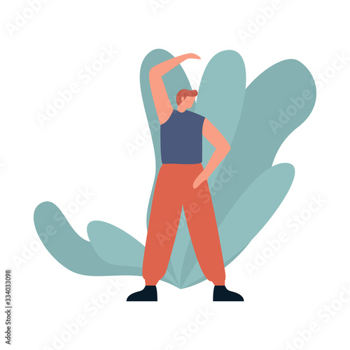 Man warming up before exercises outside. Young man in sportswear doing exercises. Boy performing sport activity. Fitness concept. Flat vector illustration