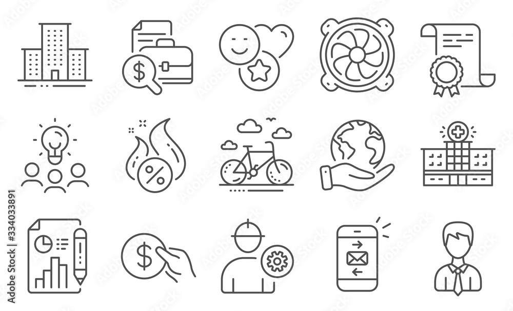 Set of Business icons, such as Businessman, Computer fan. Diploma, ideas, save planet. Hot loan, Mail, Smile. Accounting report, University campus, Payment. Vector