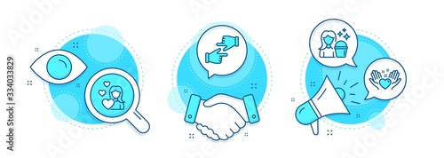 Cleaning, Love and Click hands line icons set. Handshake deal, research and promotion complex icons. Hold heart sign. Maid service, Woman in love, Direction. Friendship. People set. Vector