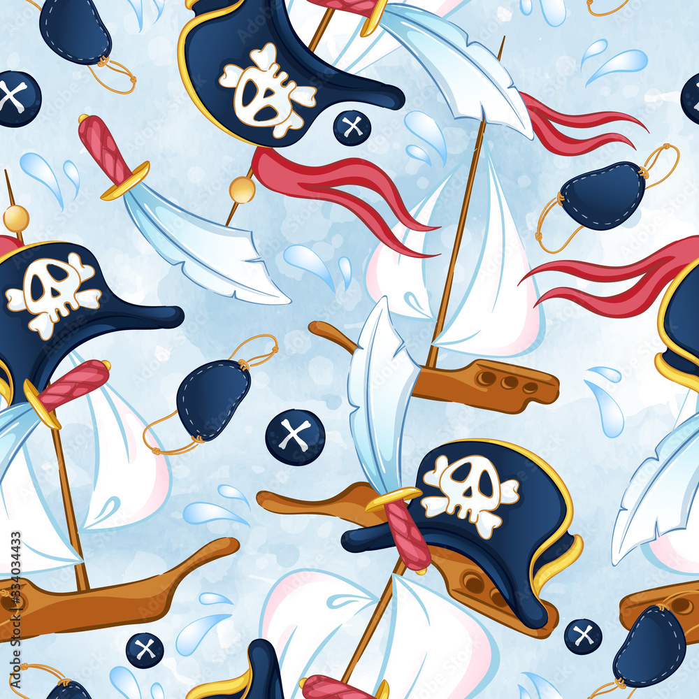 Naklejka premium Seamless vector pirate pattern. Children's cartoon background with watercolor texture.