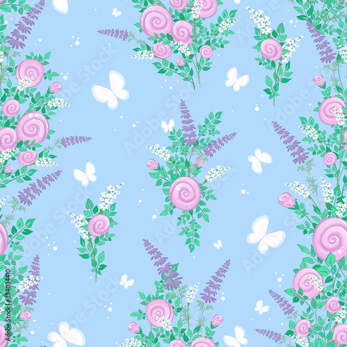 Vector seamless pattern with stylized wildflowers and butterflies on a blue background. Summer floral backdrop.