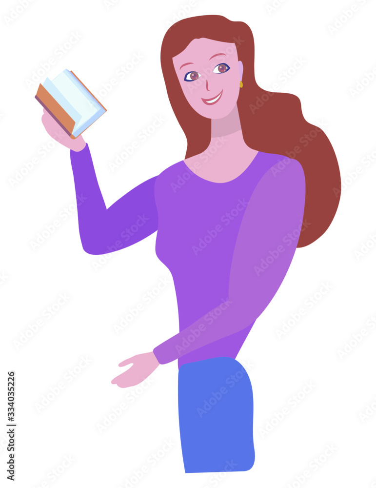 Redhead vector cartoon positive cute smiling girl in a purple with a book isolated object on a white background. Redhead vector cartoon positive cute smiling girl in a purple with a book isolated object on a white background.