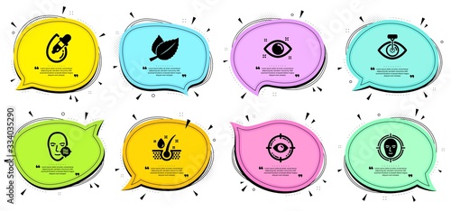 Face detect, Serum oil and Problem skin signs. Chat bubbles with quotes. Health eye, Eye laser and Mint leaves line icons set. Optometry, Optometry clinic. Medical set. Classic icons set. Vector