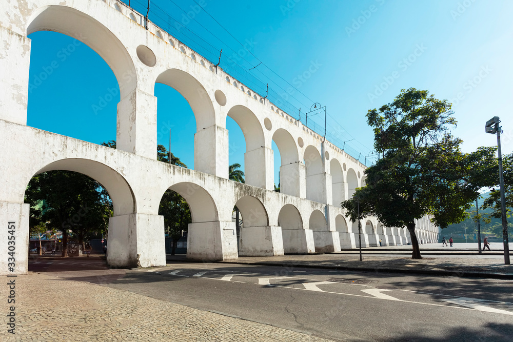 Famous Lapa Arches (Lapa Arch), Urban landscape in the city of Rio de Janeiro. Architecture and historic landmark of Rio de Janeiro, Brazil