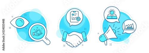 Sun energy, Infographic graph and Sunny weather line icons set. Handshake deal, research and promotion complex icons. Report checklist sign. Solar panels, Line diagram, Hold sun. Vector