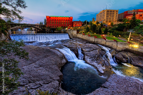 Spokane Falls and City Skyline Summer Evening