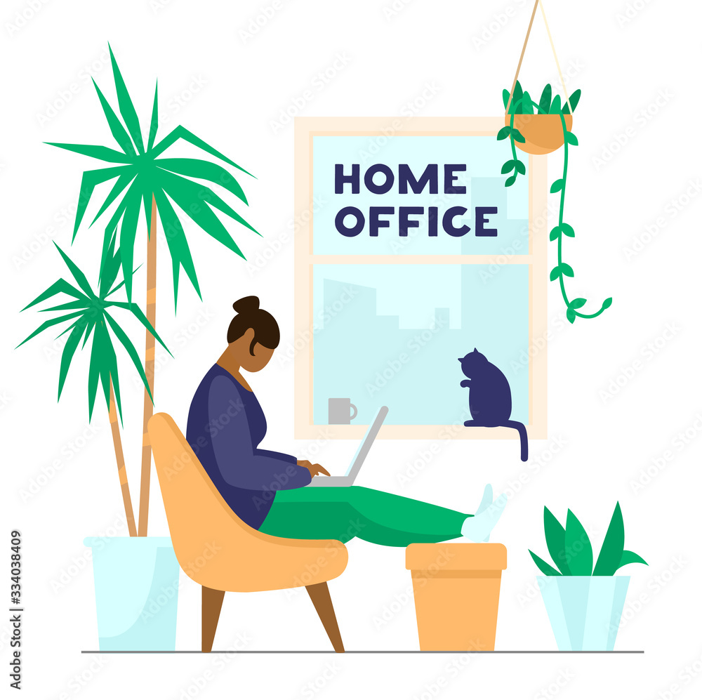 Afro american woman working or studying at laptop from home. Home office with plants and cat. Flat vector illustration. Afro american woman working or studying at laptop from home. Home office with plants and cat. Flat vector illustration.