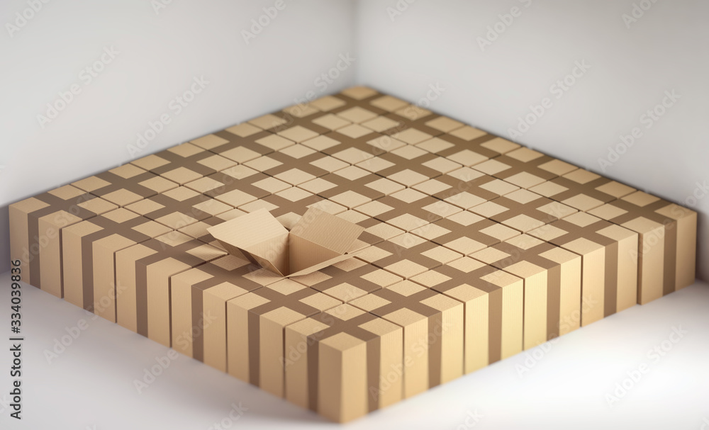 One open delivery packaging box among closed boxes concept, 3d illustration One open delivery packaging box among closed boxes concept, 3d illustration