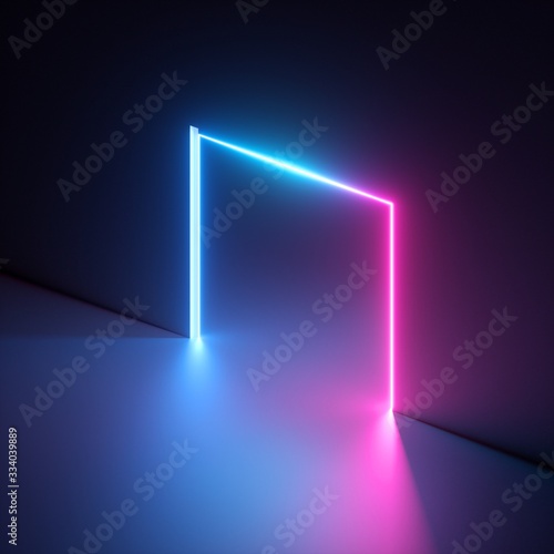 3d render, abstract geometric neon background, pink blue vivid light, ultraviolet square hole in the wall. Window, open door, gate, portal. Room entrance, arch. Modern minimal concept