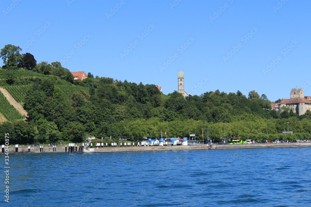 Naklejka premium Meersburg city view taken from a passenger boat on Lake Constance raised anchor from Konstanz city in Baden-Wuerttemberg state in Germany.