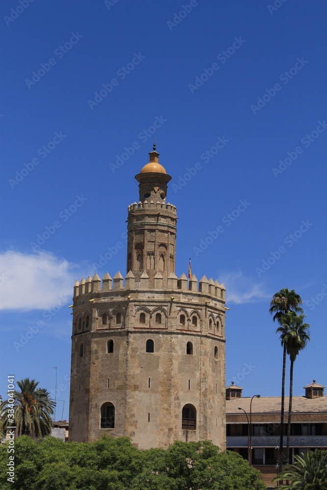 Tower of Gold (Torre del Oro) military watchtower built in 13th century by Almohad Caliphate on the bank of Guadalquivir river in Seville, Andalusia, Spain.