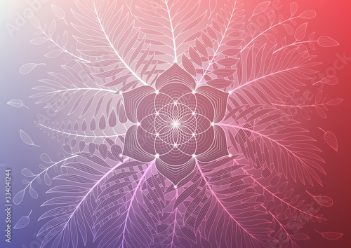Vector template of banner, horizontal format; Spiritual sacred geometry; "Flower of life" and lotus framed of plants and palm leaves on gradient background; Yoga, mindfulness meditation and relax.