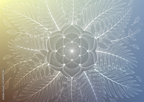 Vector template of banner, horizontal format; Spiritual sacred geometry; "Flower of life" and lotus framed of plants and palm leaves on gradient background; Yoga, mindfulness meditation and relax.