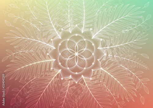 Vector template of banner, horizontal format; Spiritual sacred geometry; "Flower of life" and lotus framed of plants and palm leaves on gradient background; Yoga, mindfulness meditation and relax.