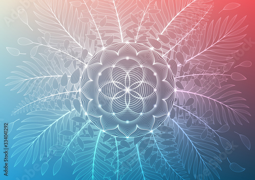 Vector template of banner, horizontal format; Spiritual sacred geometry; "Flower of life" and lotus framed of plants and palm leaves on gradient background; Yoga, mindfulness meditation and relax.